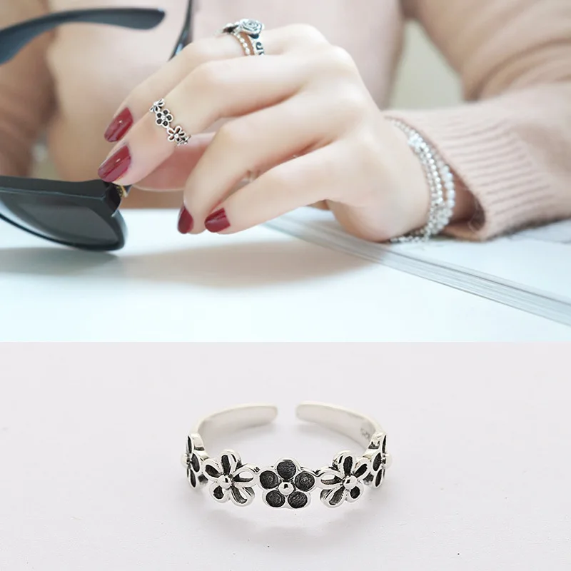 

Bijoux Ladies New Flower Silver 925 Rings for Women Gifts Vintage Large Adjustable Size Rings Luxury Sterling Silver Jewelry