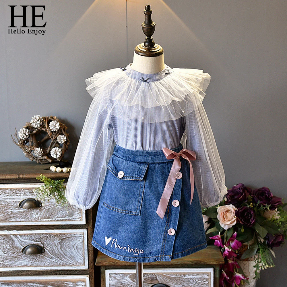 HE Hello Enjoy/Детская Изысканная одежда Модные осенние детские топы в полоску с длинными рукавами+ джинсовая юбка комплекты из двух предметов для девочек