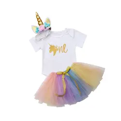 Комплекты из 3 предметов для новорожденных, милые футболки для маленьких девочек; юбка-пачка; юбки и ленты на голову для дня рождения