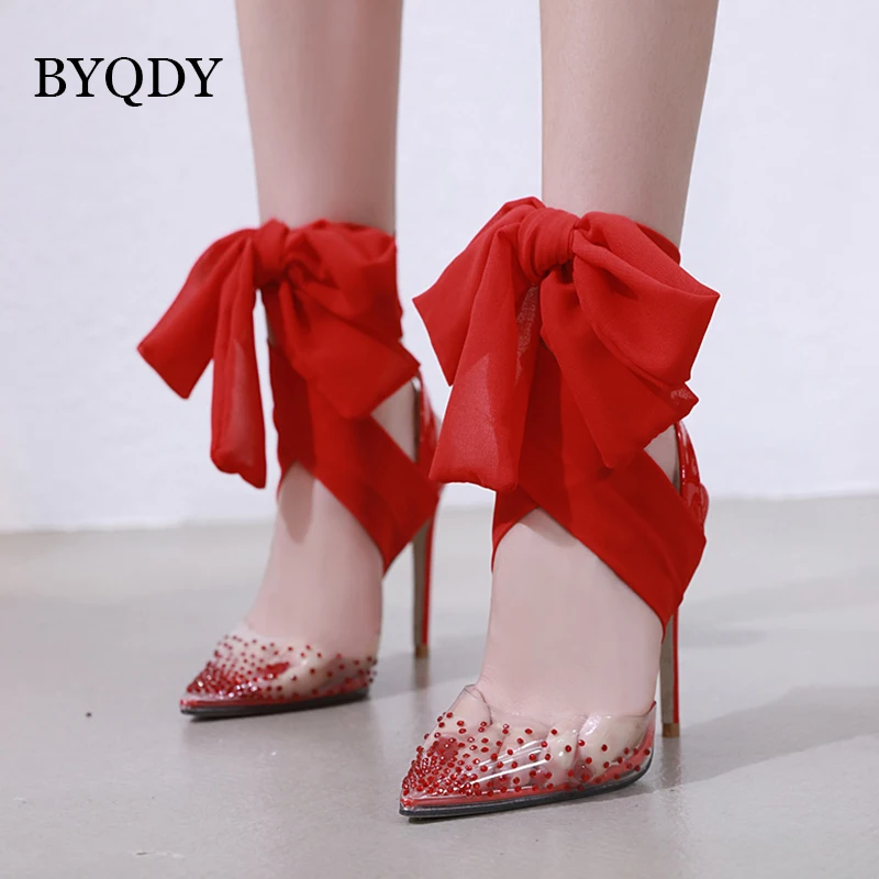 

BYQDY Romantic Style Rhinestone Pointed Toe Pumps Thin High Heels Riband Wedding Shoes Bride Shoes Stiletto Sexy Lady Shoes