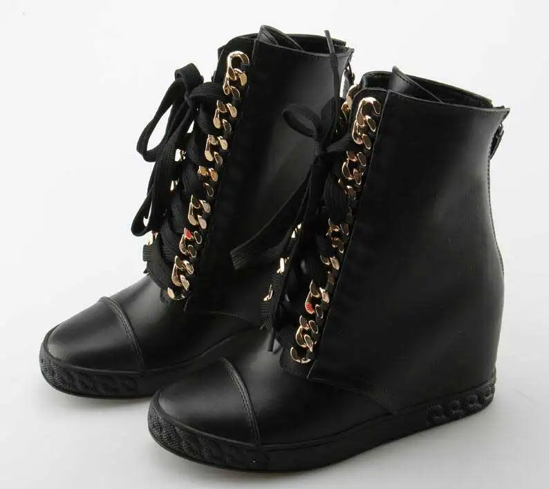 

Chain Cross-tied Genuine Leather Women Shoes Hidden Wedge Heel Back Zipper Ankle Boots Fashion Suede High Top Solid Sneakers