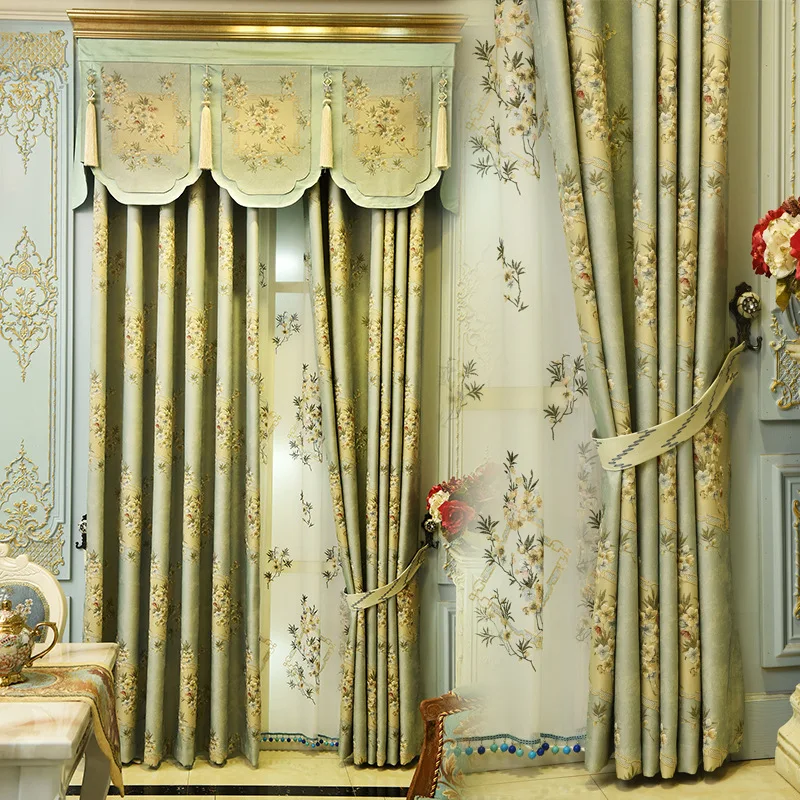 European Top Light Blue High Quality Jacquard Villa Curtains For