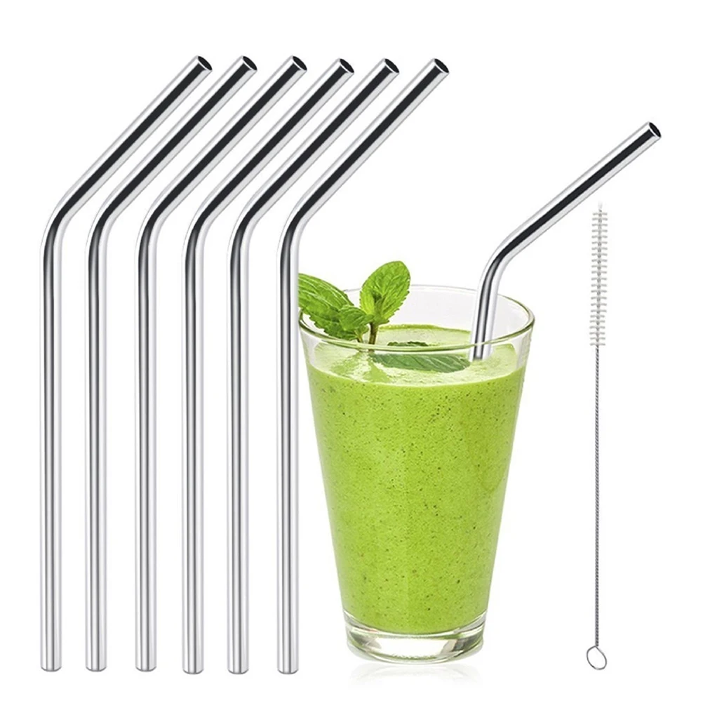 

6pcs Drinking Straw Stainless Steel Drinking Suckers Reusable Curved Suckers for Party Home Use with Brush