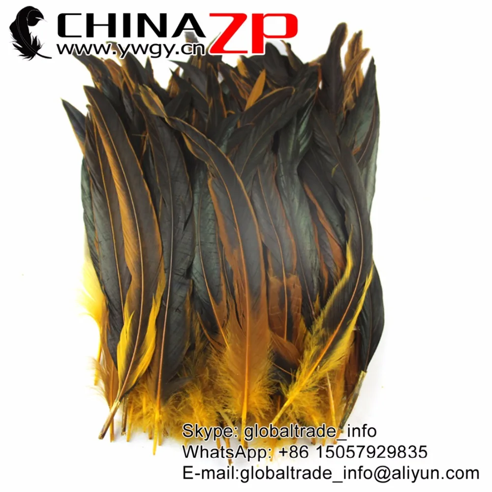

NO.1 Supplier CHINAZP Factory 100pcs/lot 25-30cm(10-12inch) Length DIY Decoration Part Dyed Golden Rooster Tail Feathers