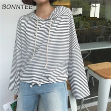 Футболки женские оверсайз с капюшоном полосатые футболки с рукавами «летучая мышь» свободная шикарная Милая женская футболка Повседневная студенческая мода в Корейском стиле