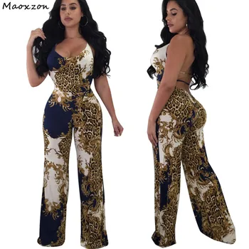 

Maoxzon Sexy Club Leopard Loose Rompers Womens Jumpsuits Fashion V-neck Backless Full Length One Piece Pants Jumpsuit For Female