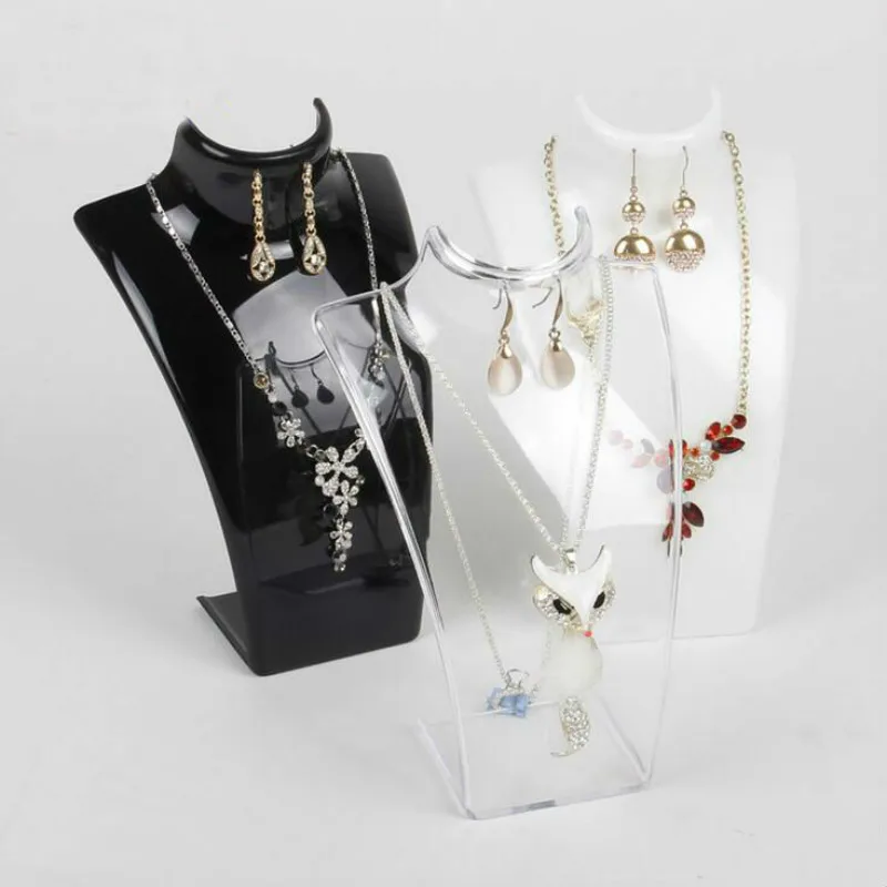Fashion 10pcs/Lot Black White Transparent Acrylic Both Necklace Display and Earrings Stand Holder Jewelry Show Shelf Bust Design luminescent menu display plate milk tea shop acrylic price list dishes wine list a4 menu design and production table plate