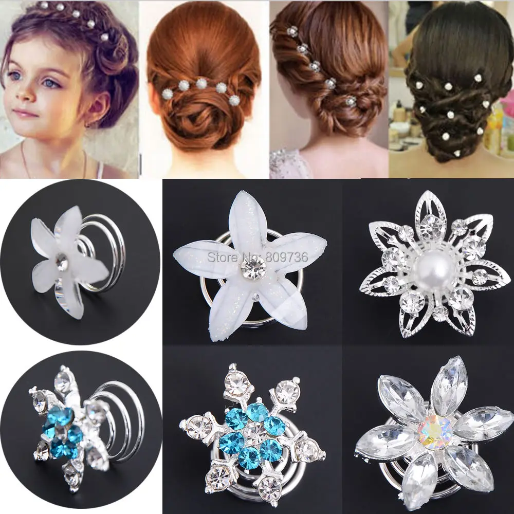 Six Silver & Crystal Flower Hair Twists Swirls Coils Party Bridal Girls Ladies 