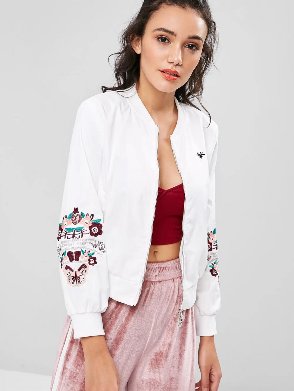 Flower embroidery Zip jacket coat sukajan Autumn winter 2018 flower