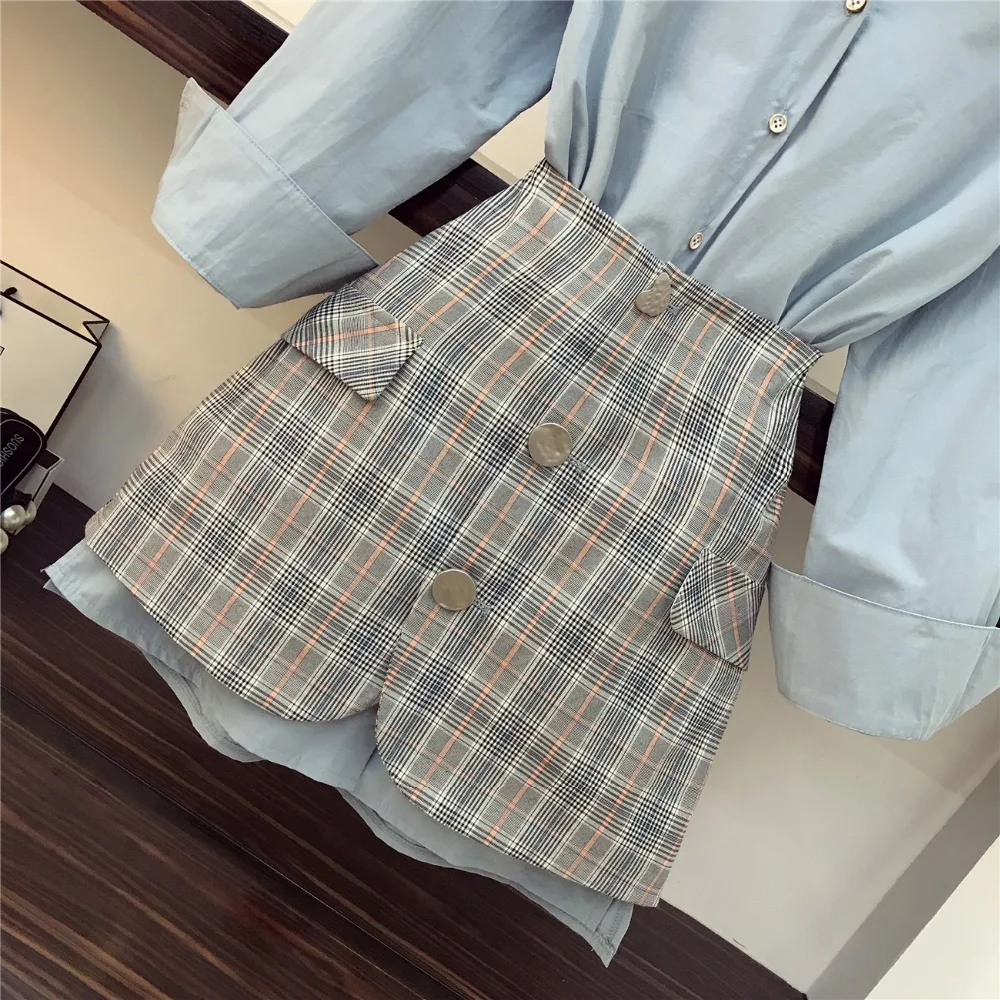 2018-New-Fall-Women-s-Lapel-Long-Sleeve-Blue-Long-Shirt-High-Waist-Package-Hip-Plaid (3)