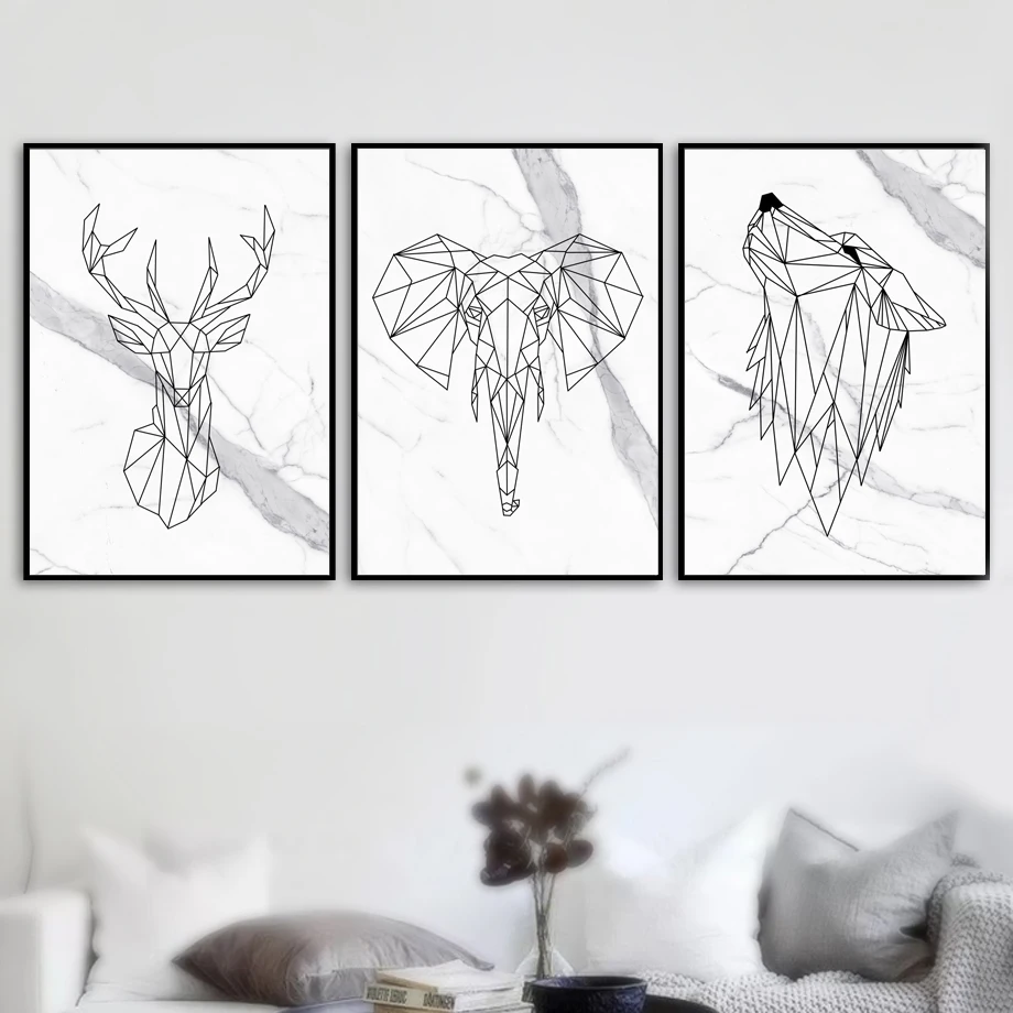 

Deer Elephant Wolf Geometric Lines Marble Wall Art Canvas Painting Nordic Posters And Prints Wall Pictures For Living Room