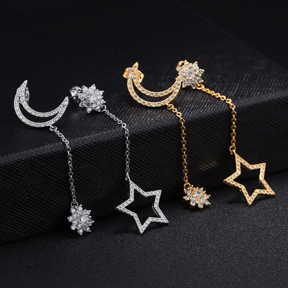 

Asymmetrical Moon and Star Cubic Zirconia Earrings Mismatched Long Dangle Earring