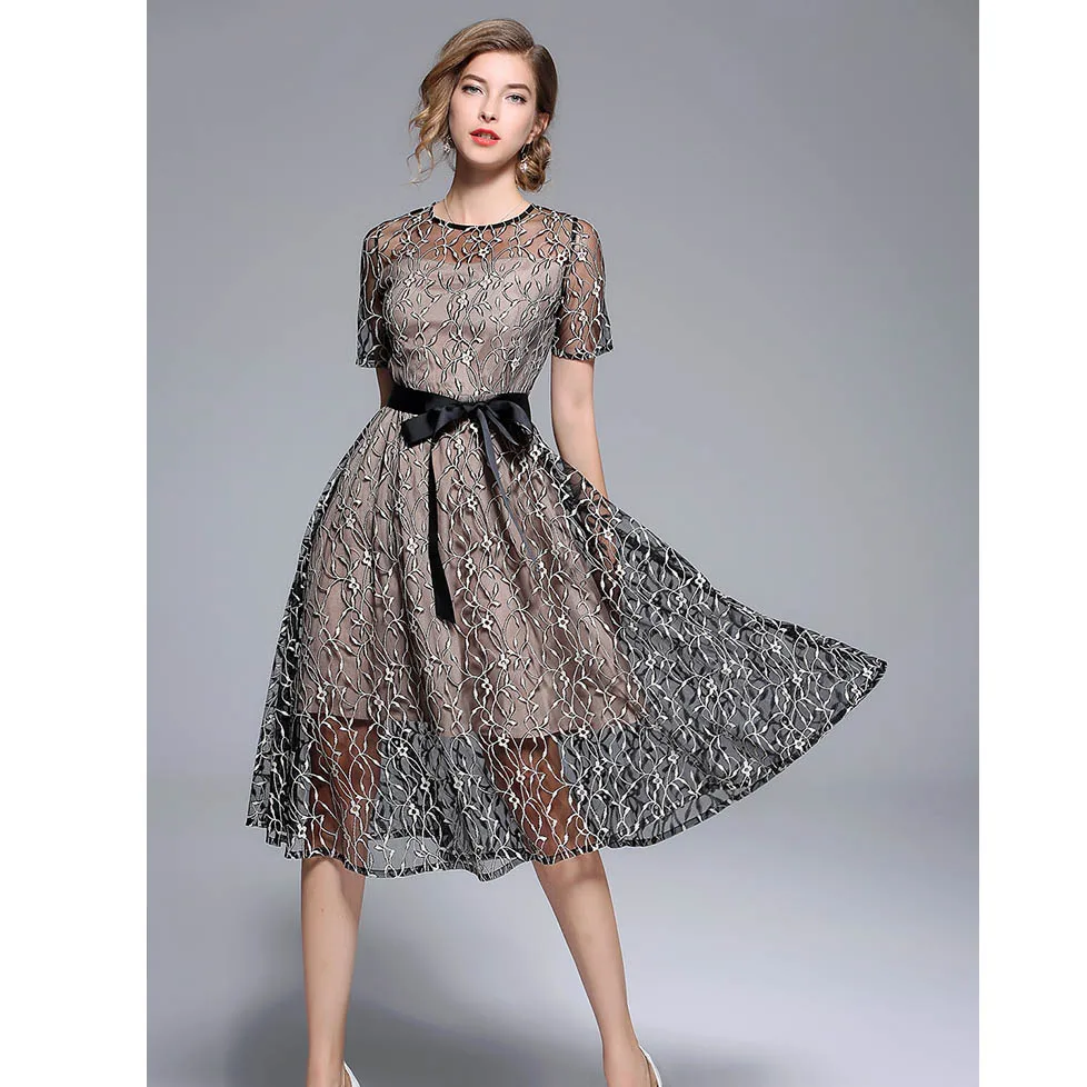 Elegant Hollow Lace Up Embroidery Two Pieces Office Dress