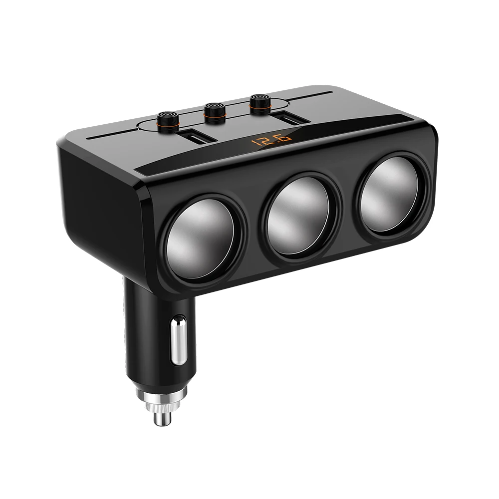 

3 Way 100W Cigarette Lighter Socket Splitter 3.1A Dual USB Car Charger Adapter with Independent Switches and Voltmeter LCD