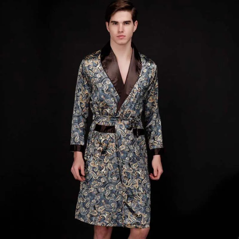 Top Grade Chinese Men's Silk Bathrobe Nightwear Yukata Kaftan Robe Gown