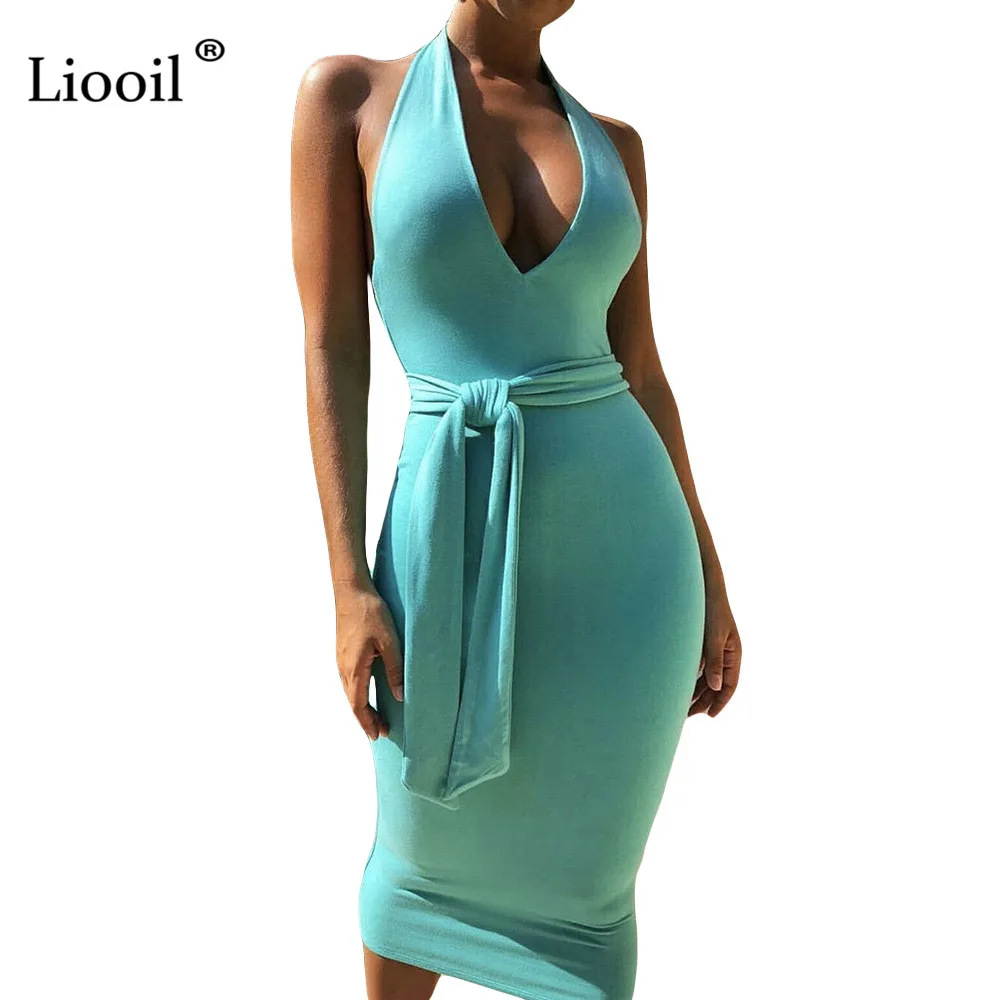 

Liooil Sexy Black Halter Midi Dress Women Clothes 2019 Autumn Winter Fashion Sleeveless Backless V Neck Party Bodycon Dresses