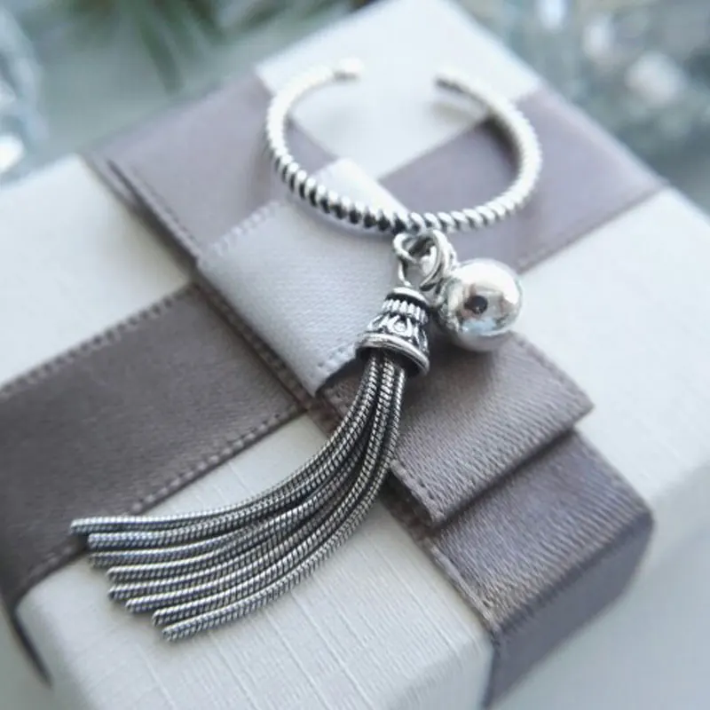 VOROCO Authentic Original 925 Sterling Silver Tassels and Beads Stylish Band Cuff Adjustable Cuff Ring Woman & Lady Fine Jewelry Fine Jewelry