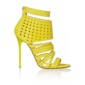 

Fashion Hollow Out Yelllow Strip Roman Sandals Female Summer Caged Sandals Boots Brand Designers High Heels Dress Shoes Women