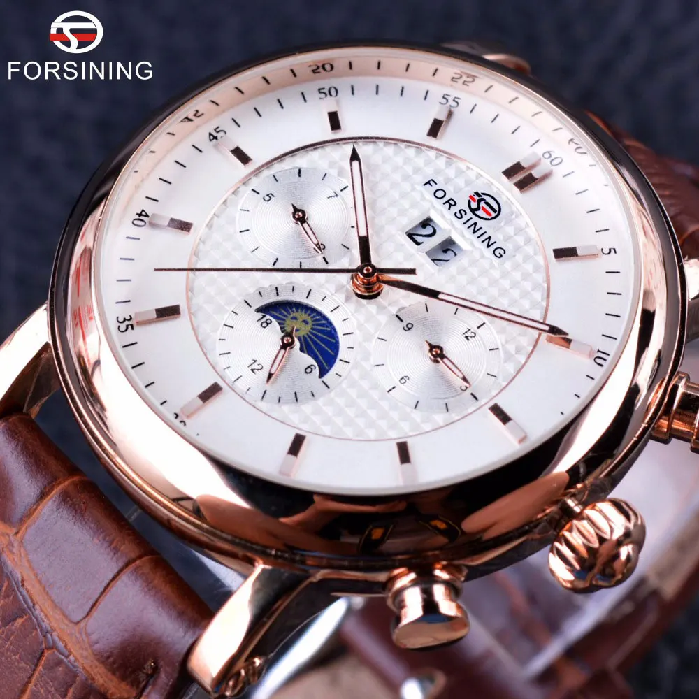 Forsining роскошные розовые золотые часы с фазой Луны и календарем Дизайнерские мужские часы лучший бренд класса люкс автоматические мужские наручные часы - Цвет: Rose Golden