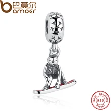 Bamoer snowboarder esmalte rojo del copo de nieve de invierno snowboard pas251 colgante del encanto cupieron la pulsera 925 joyería de plata esterlina