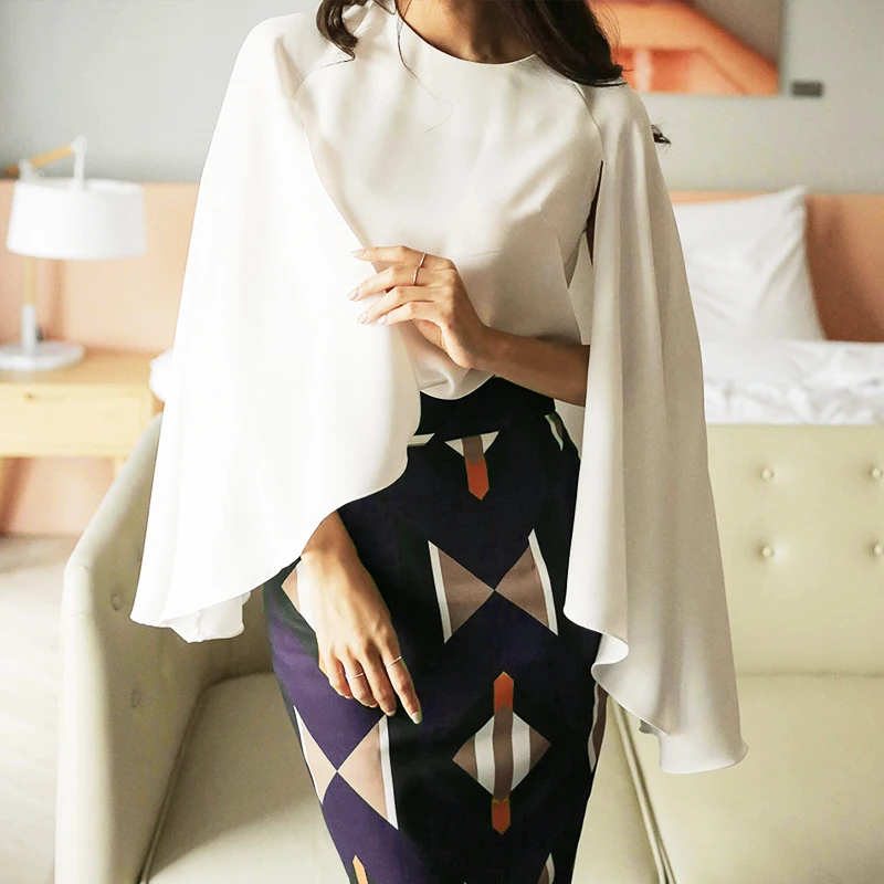 High Quality Spring Summer Two Piece Set Women Cloak Sleeve White Blouses Tops OL Printing Skirt Suits 2 Piece Set Women SL239