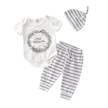 

3pcs/set Romper Set Summer Baby Girl Boy Adorable Short Sleeve Letters Romper Tops Stripe Pattern Trousers Hat Outfits Clothes