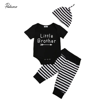 

Pudcoco 3Pcs Newborn Baby Boys Cotton Short Sleeve Bodysuit Tops + Stripe Long Leggings Pants Hat Outfits Clothes Set