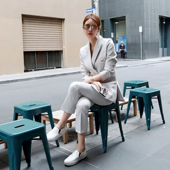 

autumn New Korean slim Women Casual Pants suits double breasted golden Button Elegant Attractive pure Color Office Lady Suits
