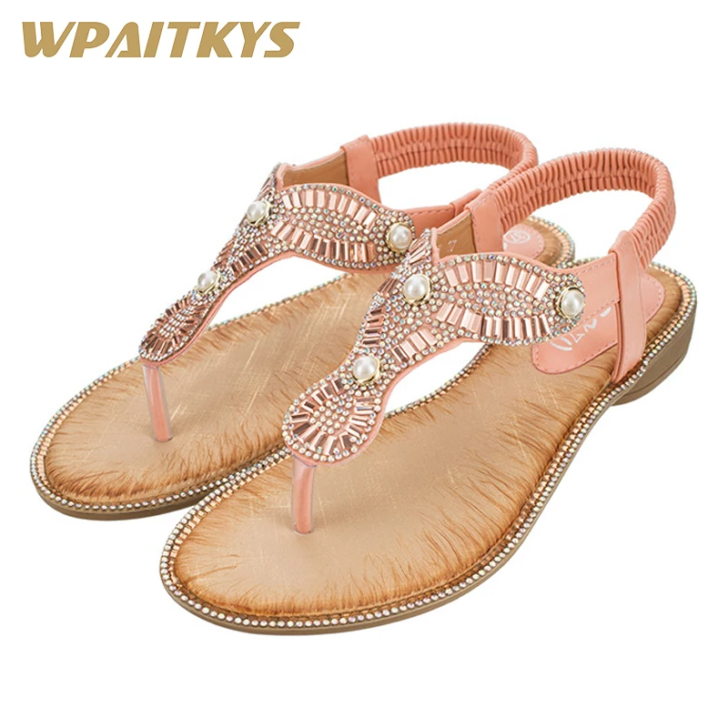 

2018 Fashion Sandals Woman Six Colors Available Elegant Pearl Rhinestone Decoration Women's Low-heeled Sandals Birthday Present