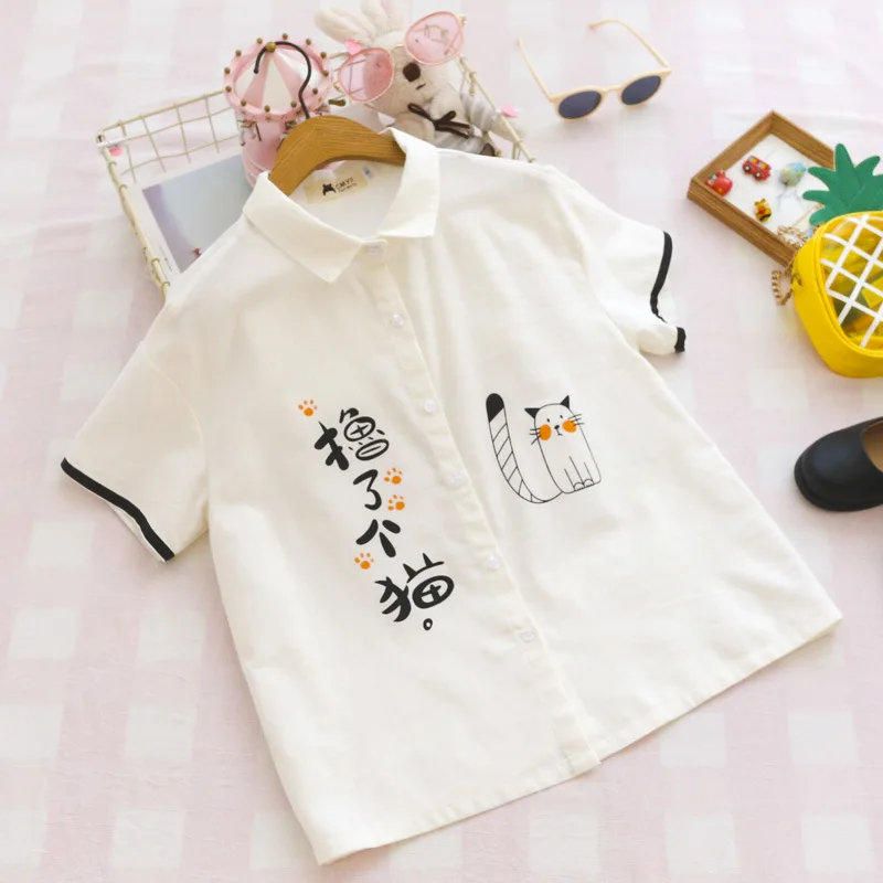 

Summer Japanese Cute Fashion Linen Shirt Women School Style Funny Cat Tops Kawaii Printed Button Up Short Sleeve Girl Blouses