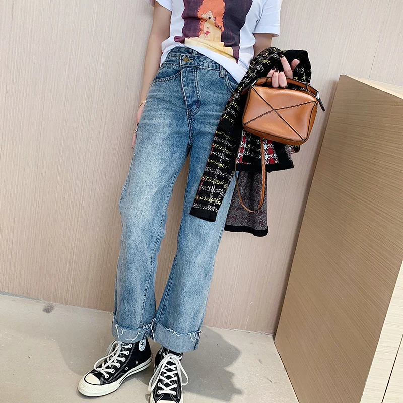 Camkemsey Vintage Mom Jeans Woman 2019 Fashion Asymmetric Bevels Autumn Winter Classic High Waist Straight Jeans Female