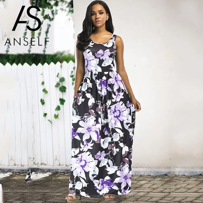 

ANSELF Maxi Dress Women Sleeveless Long Dress Floral Print Elastic Waist Pockets Boho Holiday Beach Robe Lady Summer Dress 2019