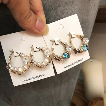 

MENGJIQIAO 2019 New Bohemian Handmade Colorful Crystal C Shape Boucle D'oreille Femme Bijoux Simulated Pearl Circle Earrings