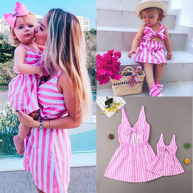 Brand New Mom and Daughter Girl Cute Summer Family Dress Sleeveless Bowknot Pink Striped Knee-Length A-Line Dress Sundress