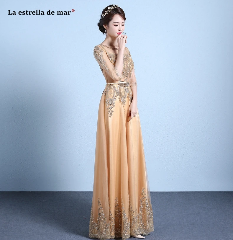 Vestido dama de honor boda, новинка, круглый вырез, 3/4 рукав, ALine, золото, шампанское, серебро, кружево, блестки, свадебное платье, длинное