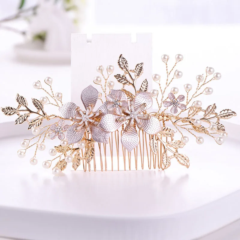 

FORSEVEN Women Gold Crystal Beads Pearl Handmade Bride Hair Combs Tiaras Headpiece Party Wedding Hair Jewelry Accessories