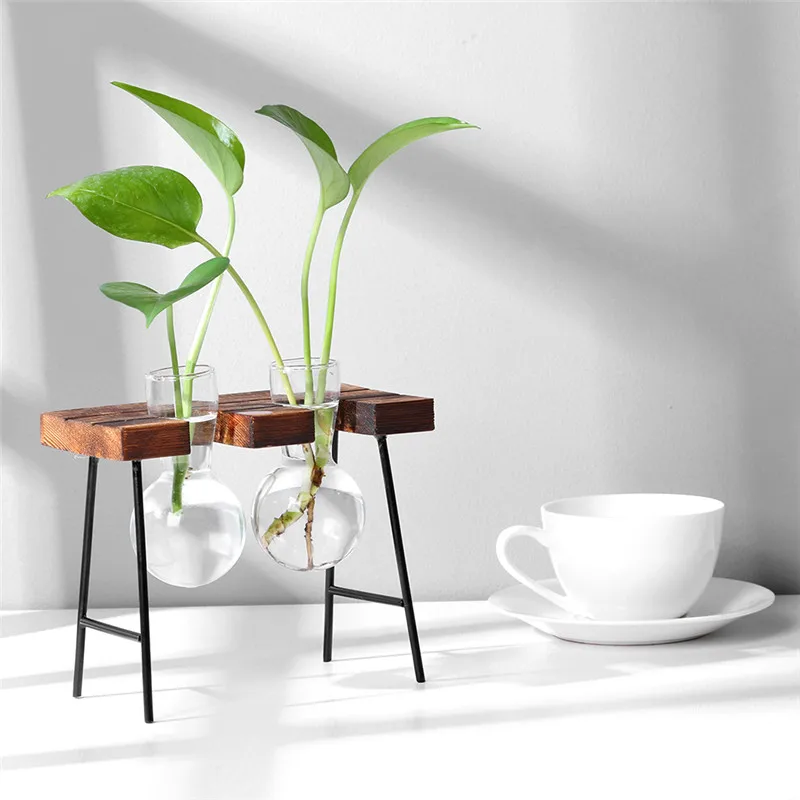 Стеклянная деревянная ваза для растений, настольный стол для террариума, гидропоника, бонсай, цветочный горшок, подвесные горшки с деревянным поддоном, домашний декор - Цвет: M
