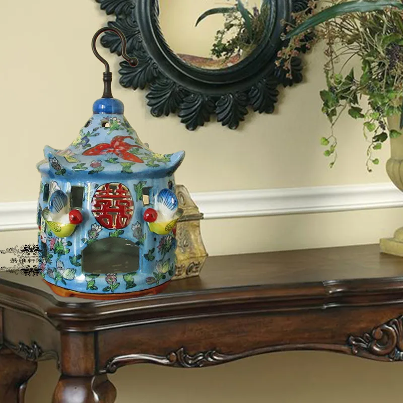 

Ceramic bird cage incense burner Chinese antique Ming and Qing pastels hand-painted blue ceramics bird cage censer homefurnish
