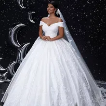 Золушка v-образным вырезом с плеча кружева обратно аппликация Кристалл Бисером Атласное Бальное платье Свадебные платья