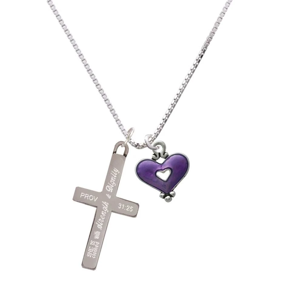 Hot Purple Enamel Heart with Cutout - Strength and Dignity - Cross Necklace