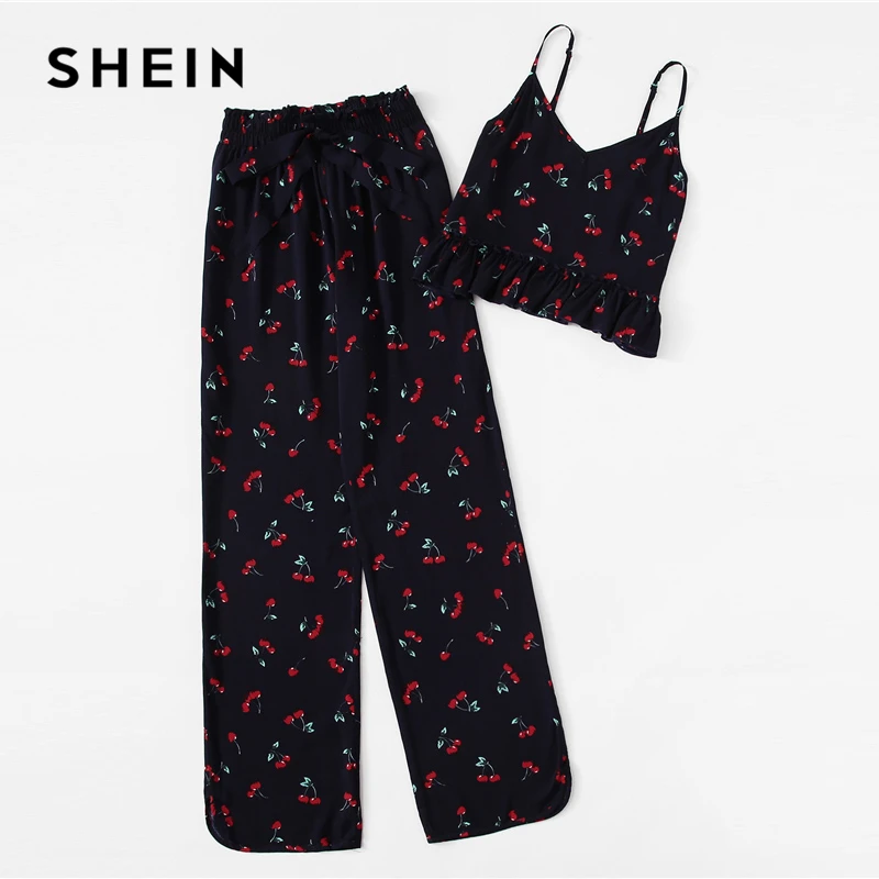 SHEIN/женские летние повседневные пижамные штаны с принтом вишни и рюшами на бретельках