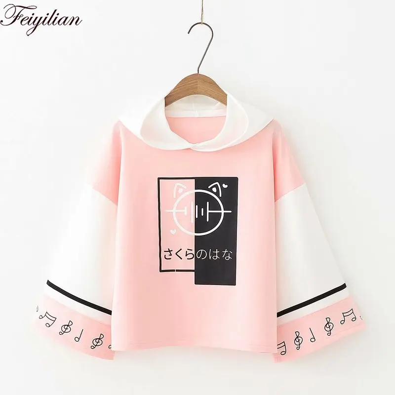  Preppy Style Note Printed Cotton Hoodies Sweatshirts 2018 Autumn Women Long Sleeve Student Hooded P