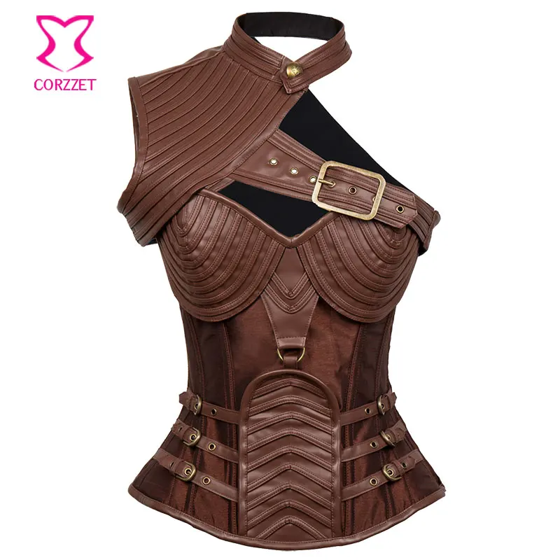 Brown Steampunk Armor Corset Top with Shoulder Bolero Halloween
