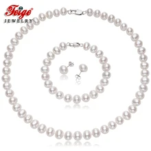 FEIGE 8-9 мм orbicular белый натуральный пресноводный жемчуг ожерелья для женщин стерлингового серебра 925 Серьги Браслеты Ювелирные наборы