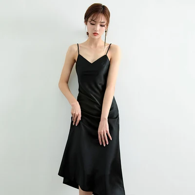 Cakucool Summer Satin Slip Dress Spaghetti Strap Vintage Slim Vestido Brief Elegant Beach Mid Long Silk Dresses Sundress 5color - Color: black