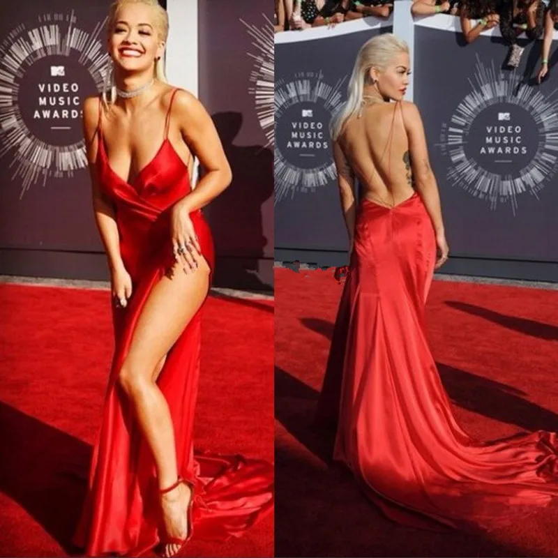 

Sexy Celebrity Dress in Slit 2016 Cheap Red Carpet Dresses Spaghetti Straps evening dress Backless Oscars celebrity Dresses