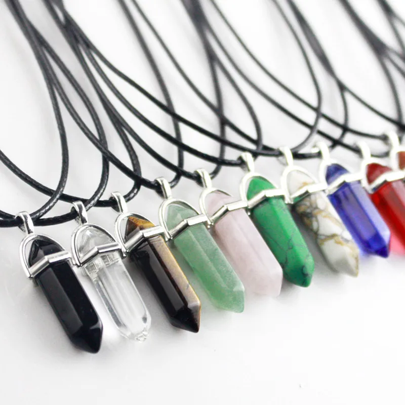 

Hexagonal Multi Color Necklace Natural Crystal Quartz Column Gem Stone Turquoises Pendant Leather Chains Women Jewelry