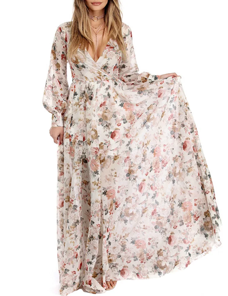 

Sexy Women Chiffon Maxi Dress Floral Print Deep V Neck Long Sleeve Beach Dress Slim Belted Elegant Boho Long Dress Vestido Longo