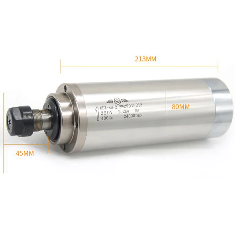 

Engraving machine water cooling spindle 2.2KW 220/380V 8A 400HZ Speed 0-24000rpm Chuck ER20 Body length 213mm diameter 80mm
