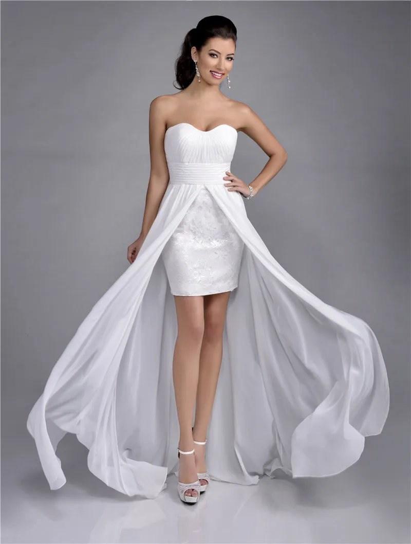 Designer front short back long Formal Evening Dress White Strapless Chiffon Evening Gowns Lace High-Low Prom Gown Party Dress